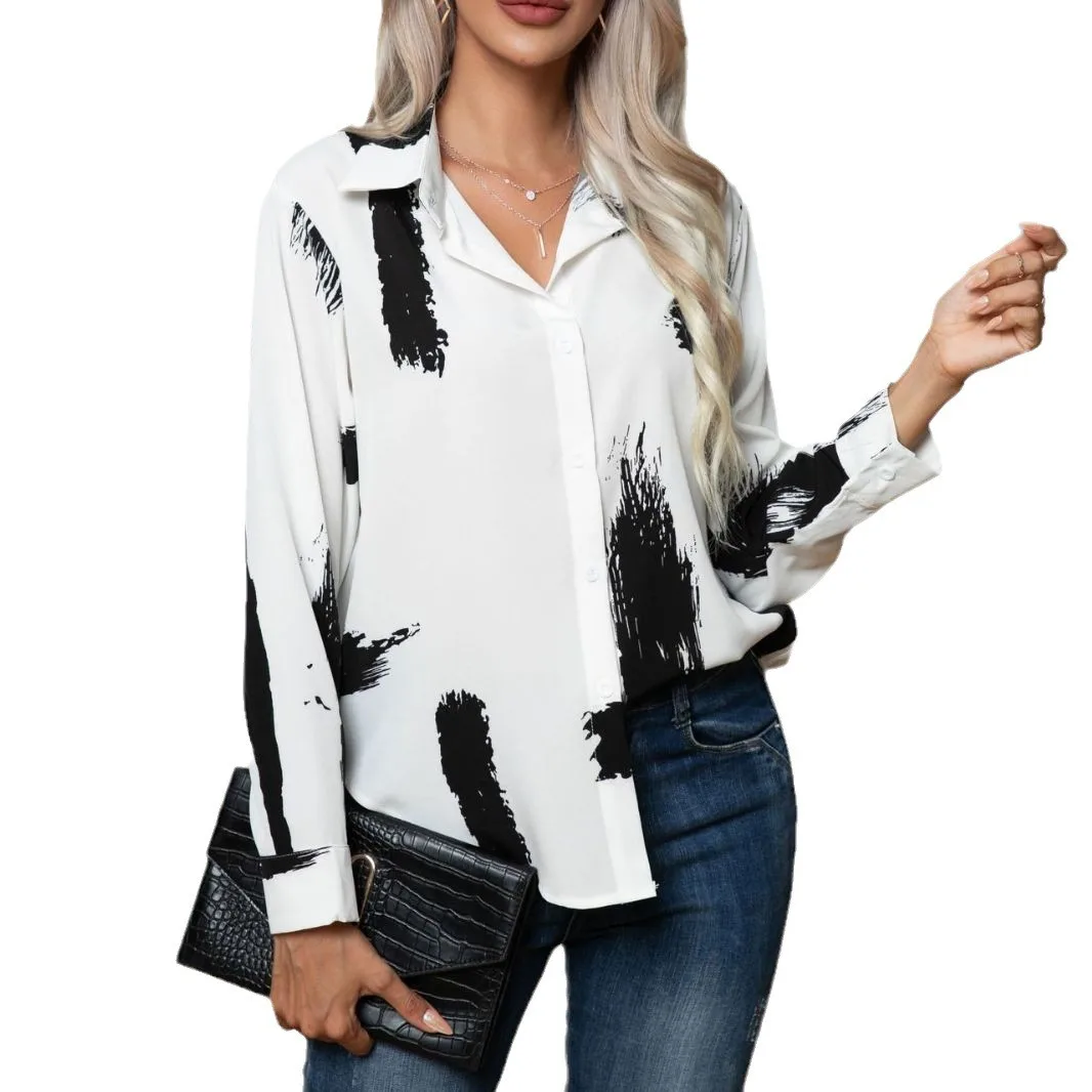 Women's Blouse Long Sleeve Geometric Print Women's Blouses Turn Down Collar Button-Up Shirt Black And White Brushstroke Pattern