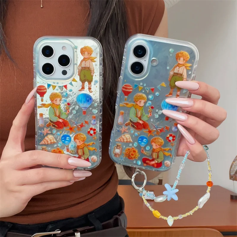 

Fashion Fairy Tale Cute Prince Phone Case For iPhone 17 Pro 15 14 16 Pro Max Cover with Chain Shockproof Cartoon Cases