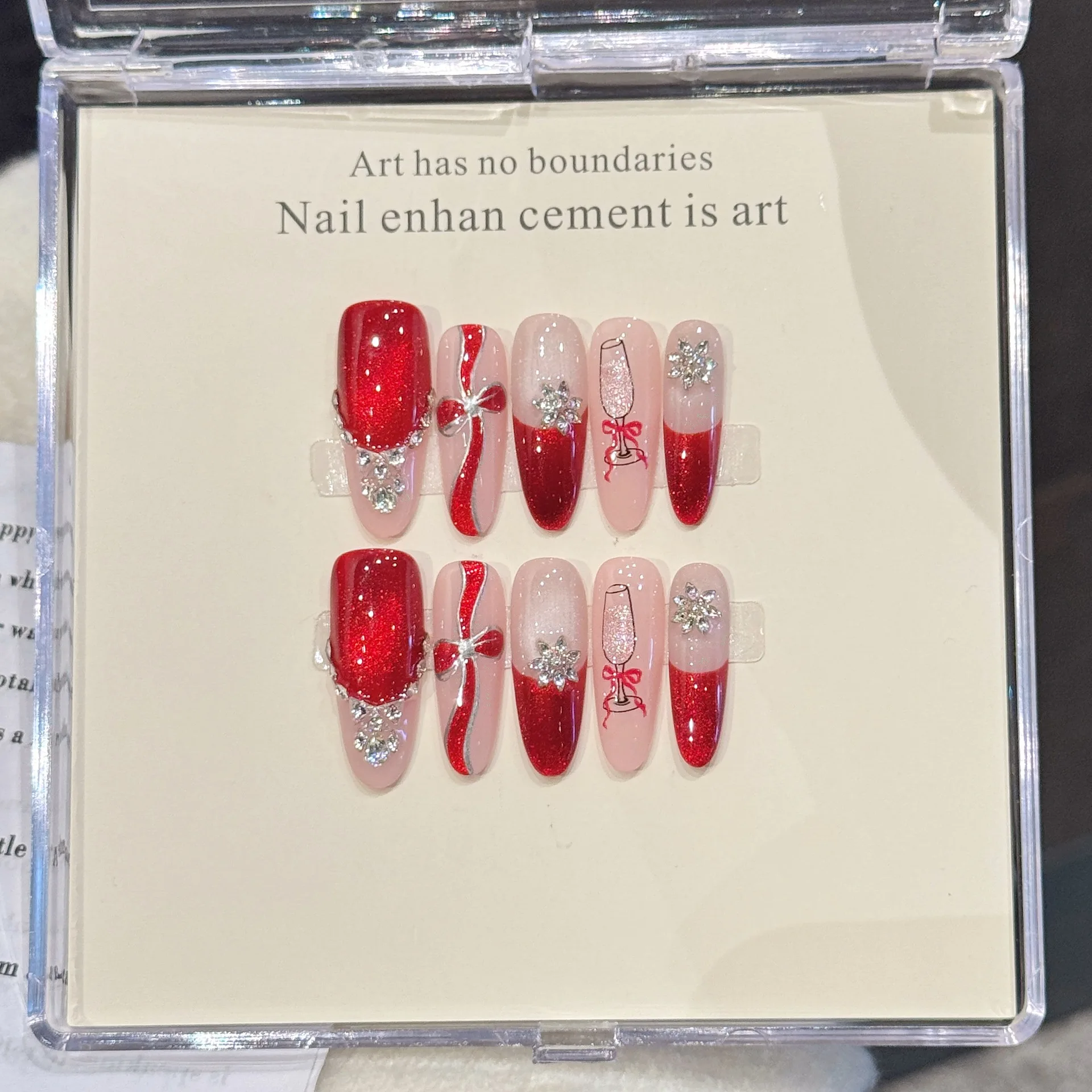 10 PCS Luxury Handmade Press on Nails Long Oval Hand-painted bow Design with 3-PIECE Tool Adhesive Nail Glue Tabs