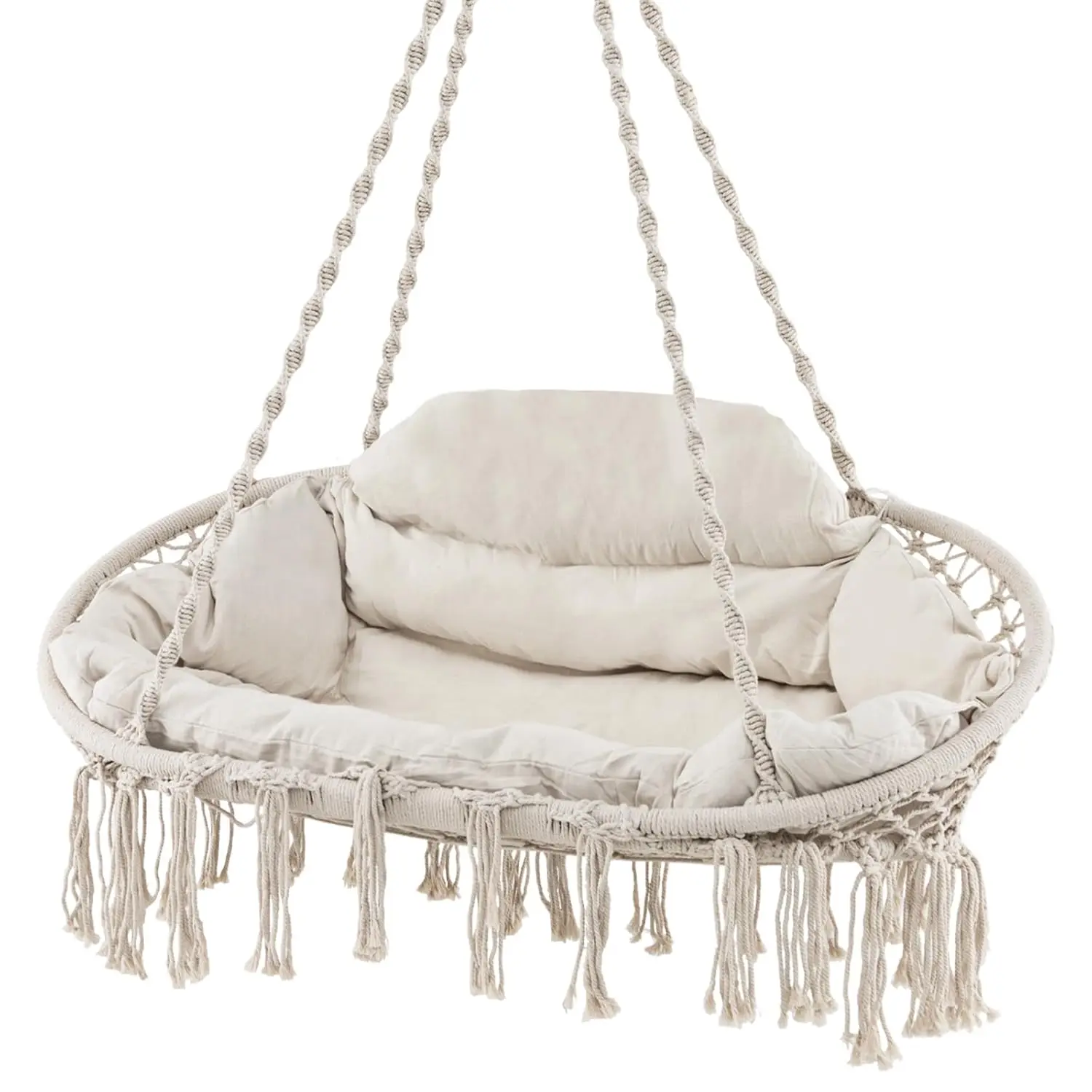 2-Person Hanging Hammock Chair, Boho Style Macrame Hammock Swing with Soft Cushions, Tassels, Customized