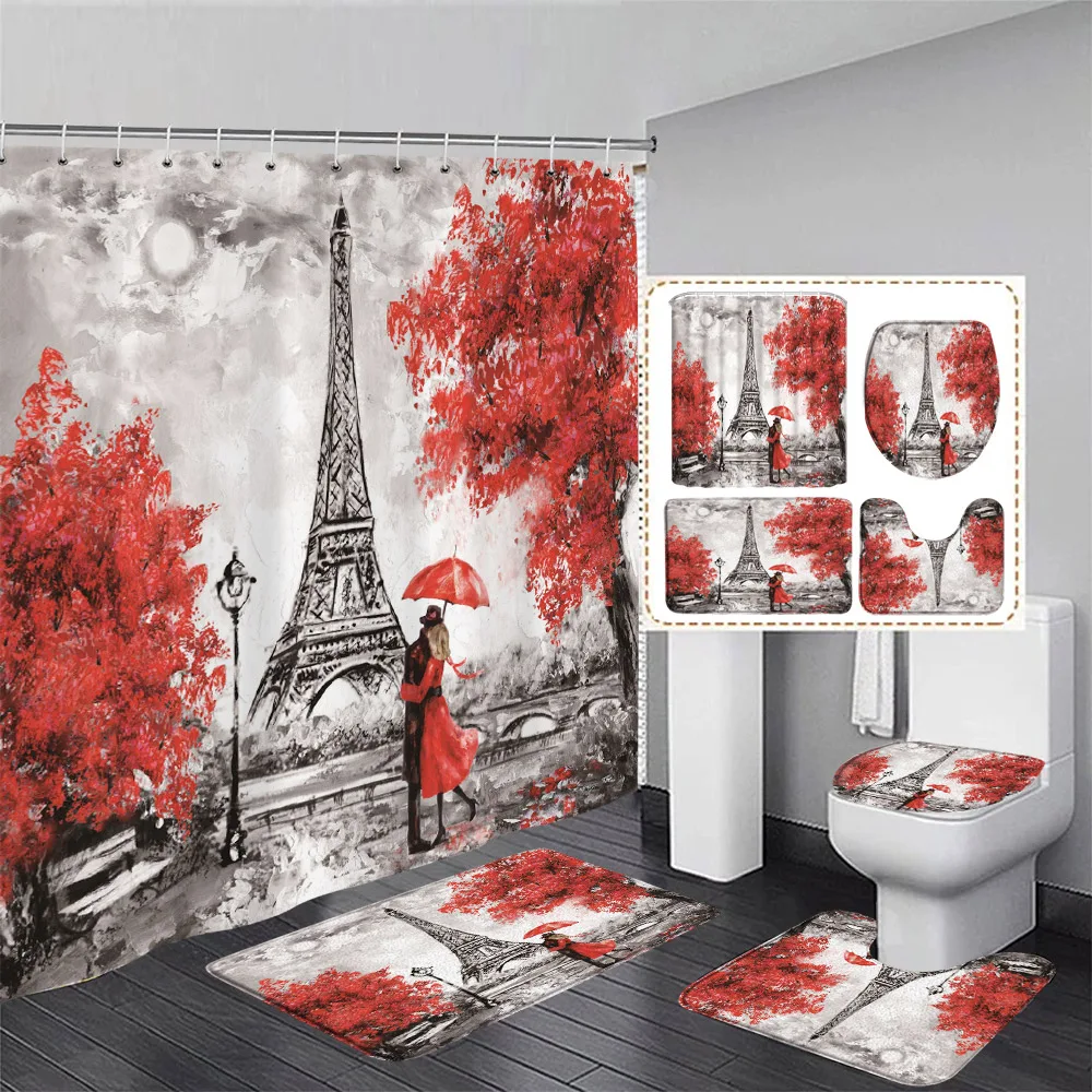 Vintage Paris Tower Shower Curtain Set Pink Floral Black White Town Fashion Girls Bathroom Decor Rug Bath Mats Toilet Lid Cover