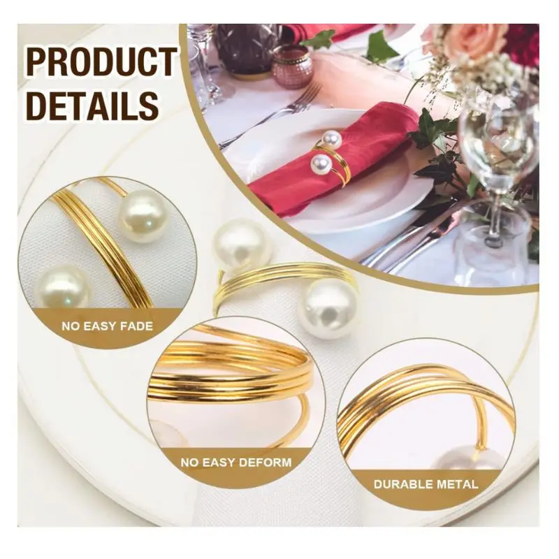 12-2PCS Metal Napkin Ring Imitation Pearls Napkin Buckle Napkin Holders For Wedding Christmas Banquet Home Dining Table Decors