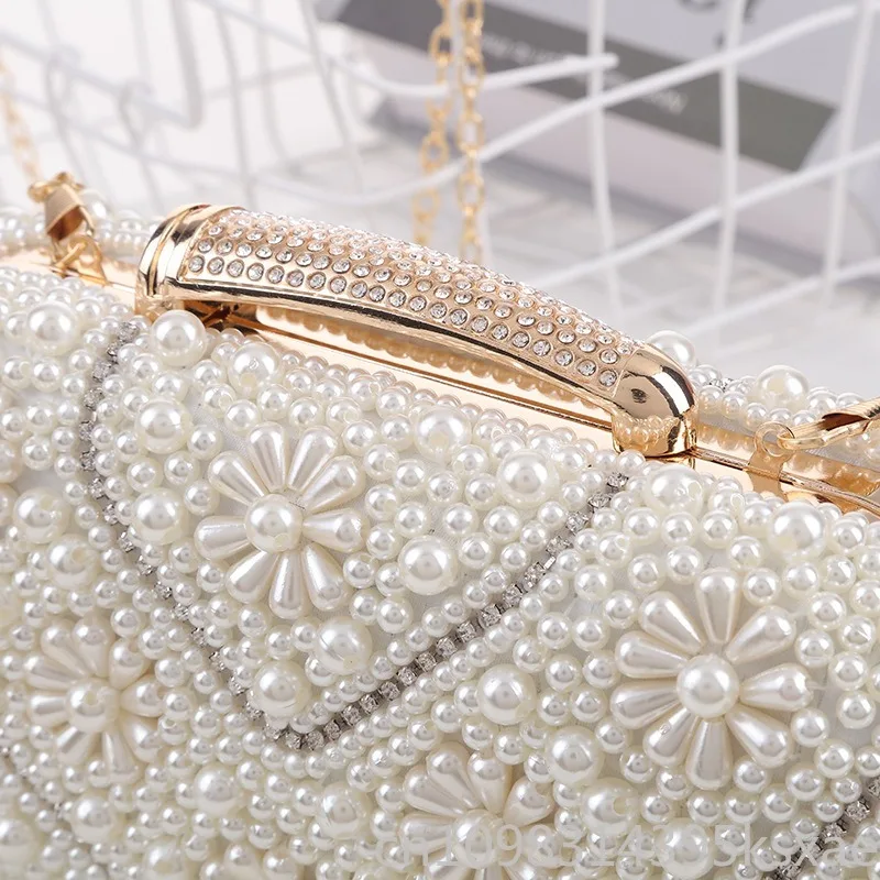 Embroidered Pearl Evening Bag Square Shoulder Bag Clutch For Women Sweet Elegant Party Purse Handheld