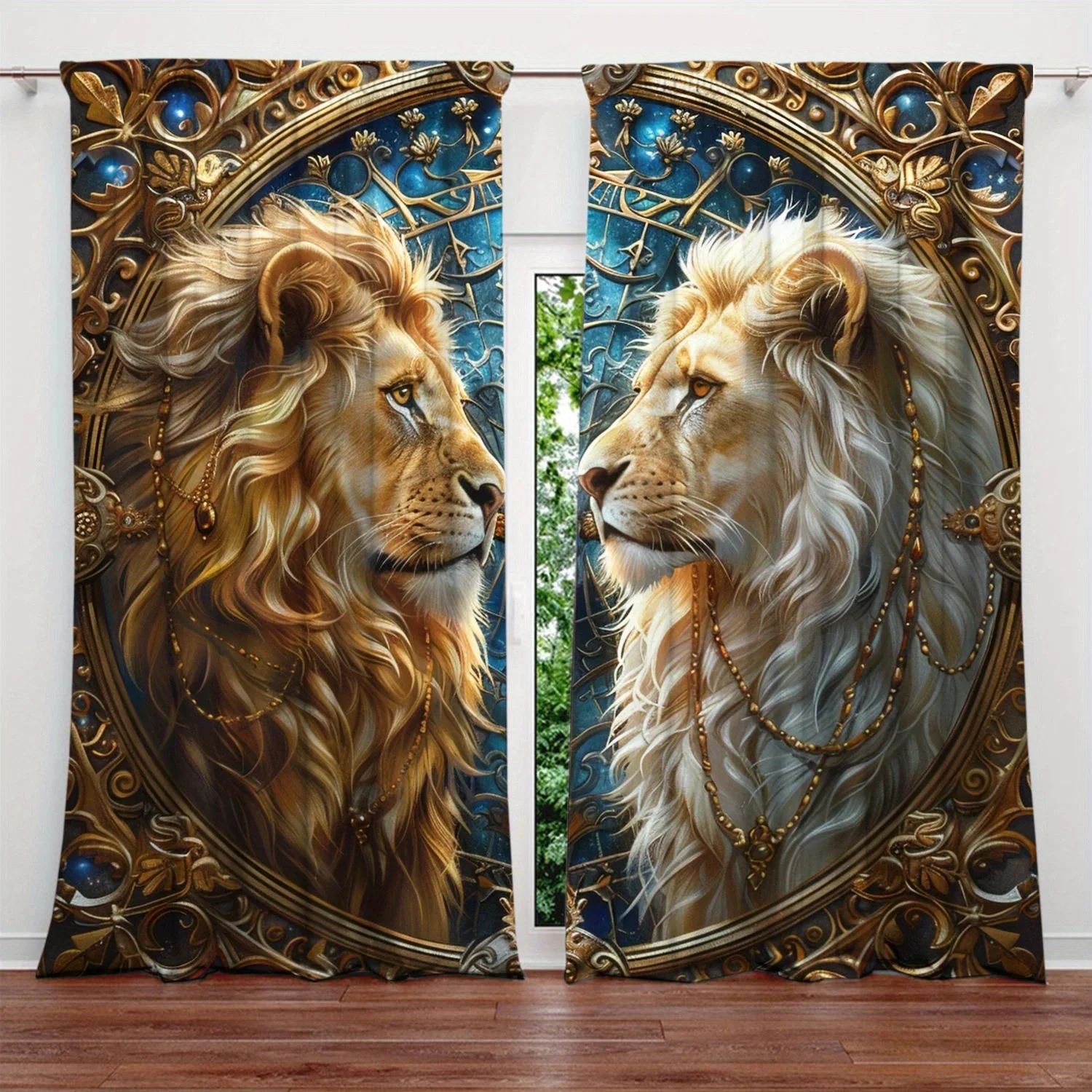 2Pcs Lion Printed Curtain for Home Decor - Rod Pocket Window Treatment for Bedroom, Kitchen, Living Room