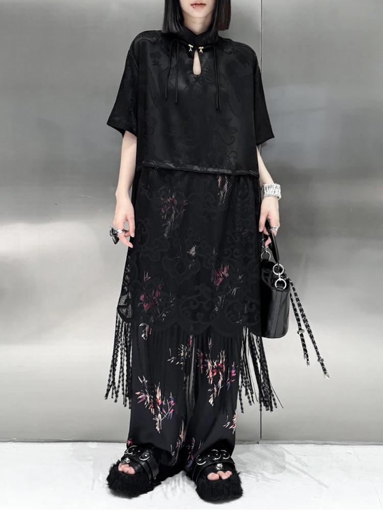 [EAM] Women Black Lace  Spliced Hem Tassels Big Size Dress New Stand Collar Sleeve Fashion Tide Spring Summer 2024 1DH5406