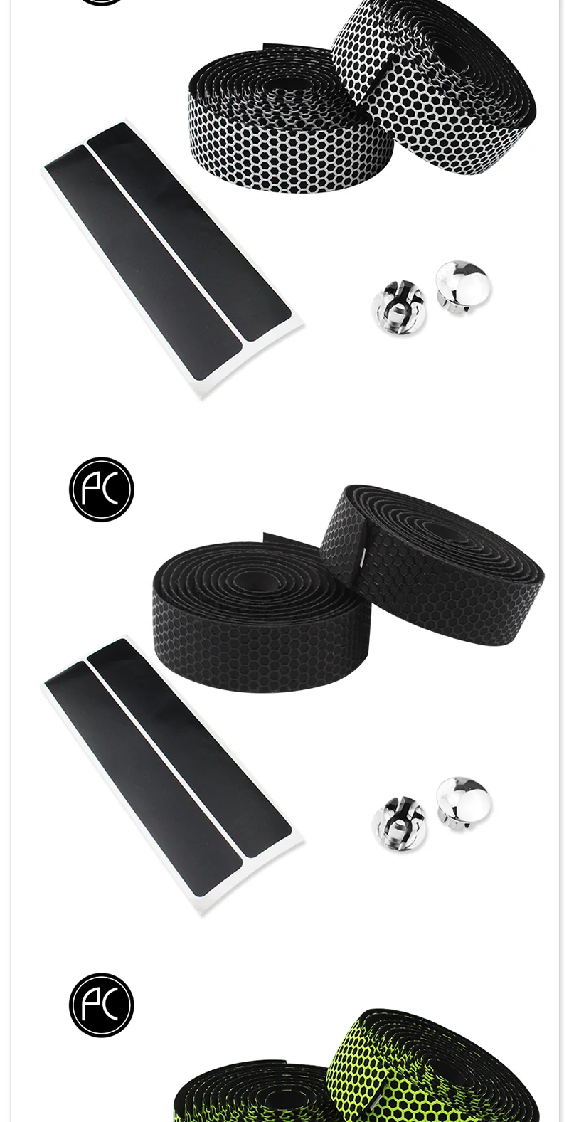 PCycling EVA Honeycomb Road Bicycle Handlebar Tape 2 Rolls 200cm x 3cm Textured Adhesive Bar Wrap with Bar End Plugs Cycling Set