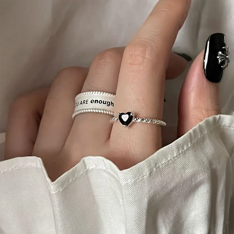 BFCLUB  Silver Color Rings For Women Wide White Colors Letters Heart Simple Trendy Retro Open Anillos Party Gifts Accessories