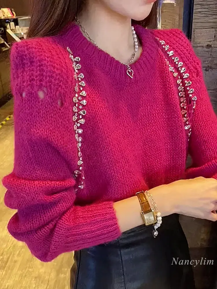 Jersey de punto con diamantes de imitación para mujer, suéter de manga larga con diseño de cuello redondo, Top corto Popular de primavera y otoño,