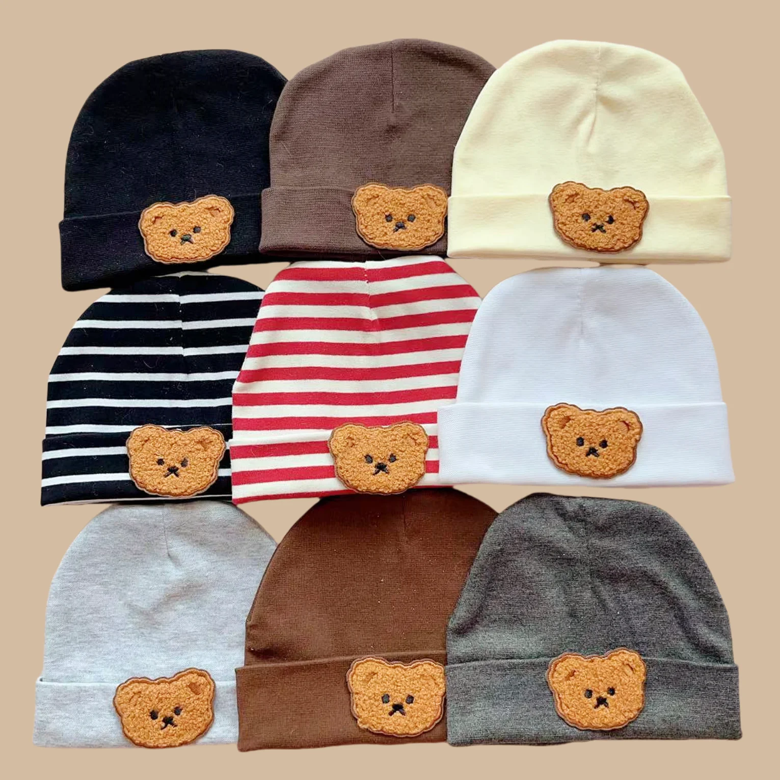 Infant Beanies Caps Baby Hat Cartoon Bear Boneless Muslin Hat Newborn Headwear Windproof Spring Hat 0-3M Baby Hats