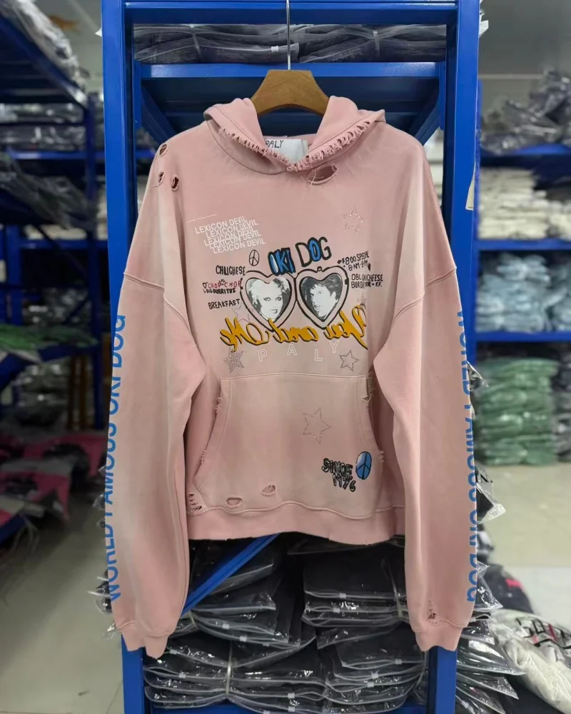 Fashion Pink 26SS Winter Oversized Hip-Hop Retro Distressed Top Quality Washed Casual Cotton Paly Hoodie Pullover