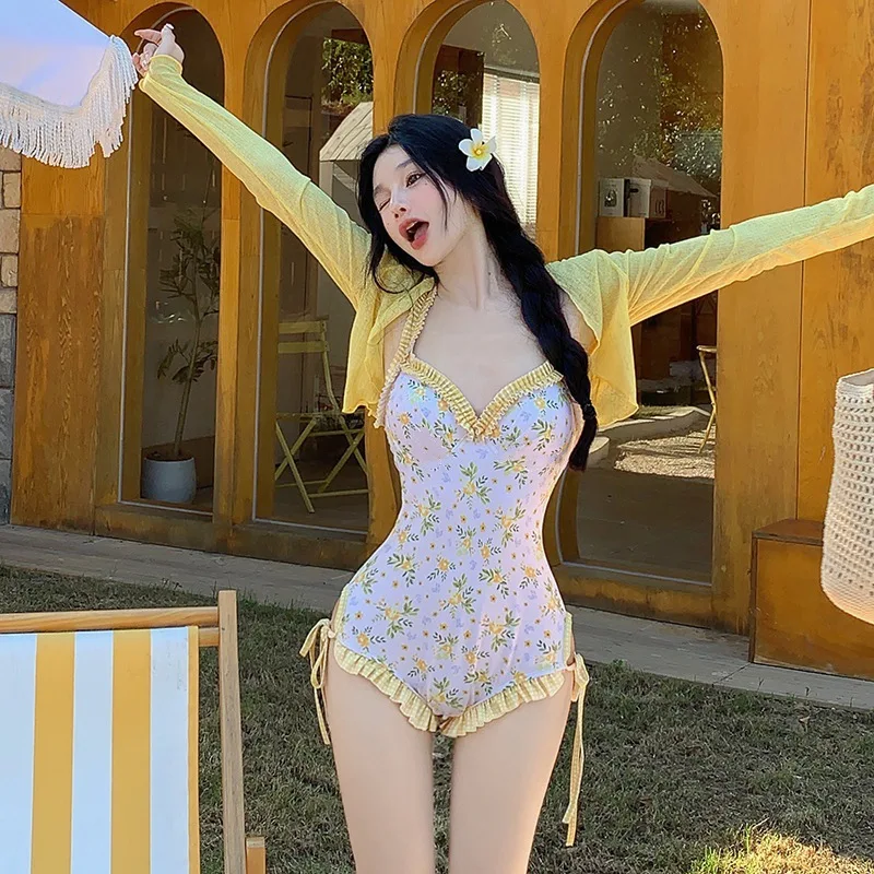 

​ ​ Корейский Цветочный Купальник-Боди с Длинными Рукавами и Мягкими Чашечками, Стиль Бикини, для Горячих Источников и СПА, Женский, Облегающий ​ ​