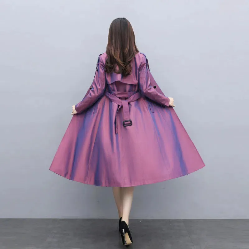 Purple Women\'s Windbreaker Coats 2023 Spring Autumn New Chameleon Chic Long Trench Coat Over The Knee Overcoat Outerwear Female