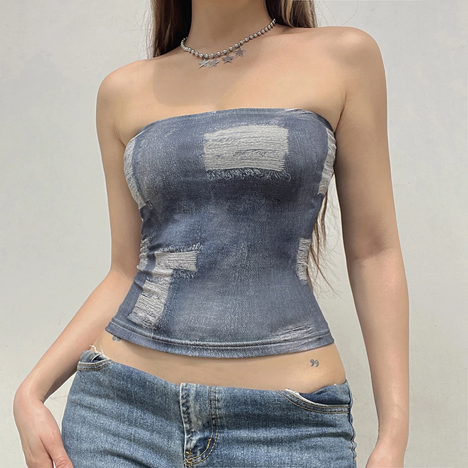

Women's Faux Denim Slim Tube Tops Vintage Ripped Pattern Bandeau Backless Cropped Vest