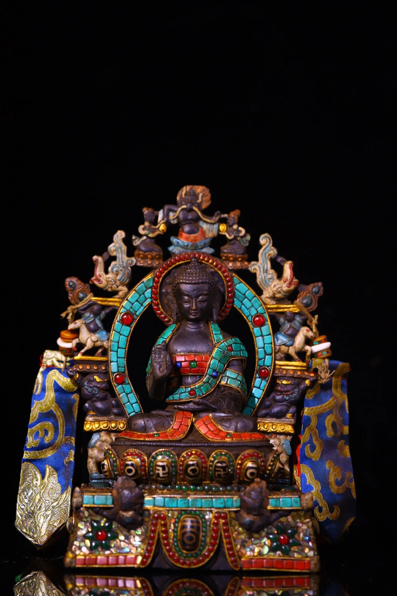 

10"Tibetan Temple Collection Old Bronze Painted Mosaic Gem gZi Beads Turquoise Shakyamuni Buddha Buddhist Niche Worship Hall