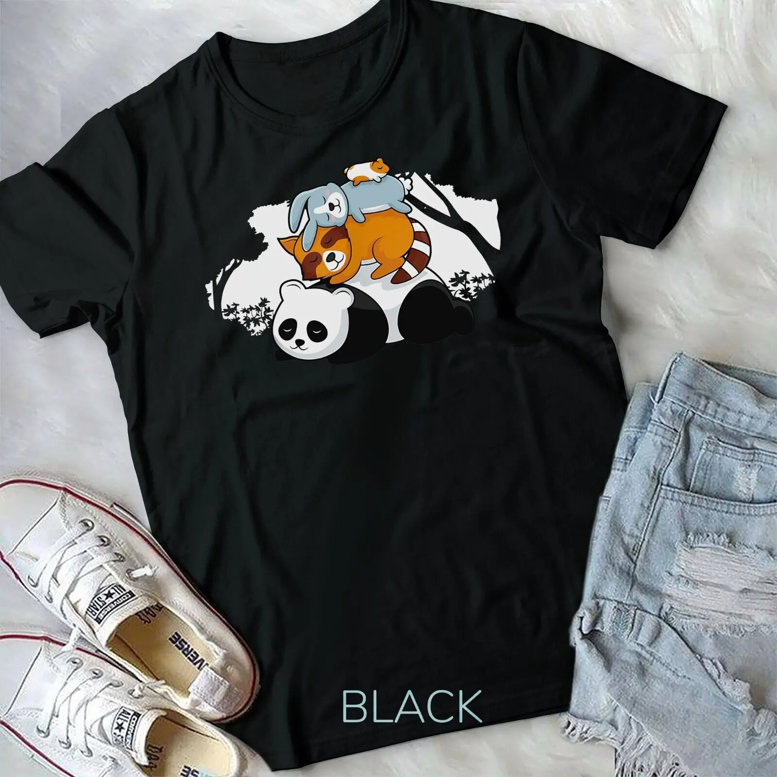 Panda Raccoon Rabbit Hamster Cute Sleeping Animals Pyramid Unisex T-shirt