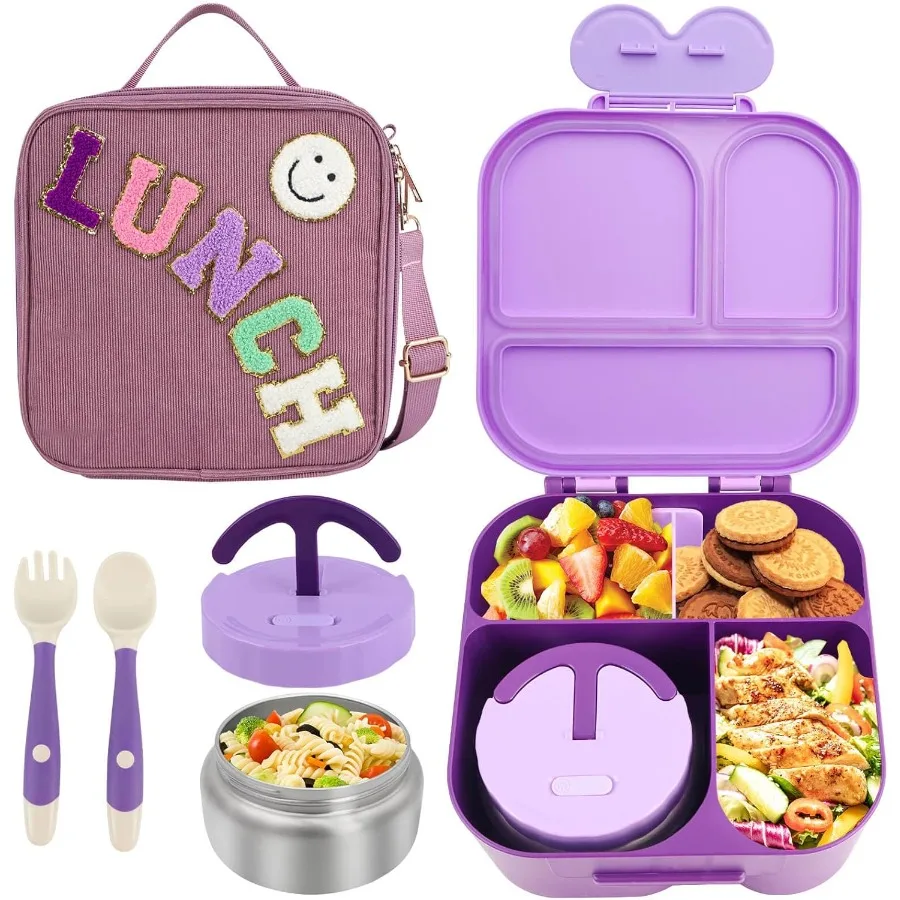 

Insulated Lunch Box with 4Compartment Bento Design and LeakProof Thermo Food Jar Preppy Corduroy Style Lunch Bag for Women Girl