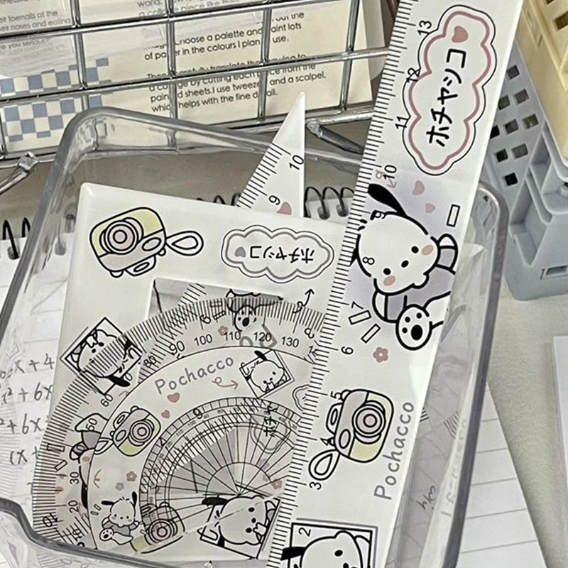 4Pcs/Set Sanrio Ruler Set Cartoon Kuromi Cinnamoroll Acrylic Ruler Set Triangle Straight Edge Round Ruler Student Stationery