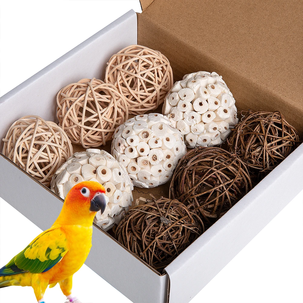 9Pcs Small Parrot Toys Natural Sola Balls Parrot Chew Forage Toy Bird Rattan Balls Wicker Ball Bird Cage Accessories Decor