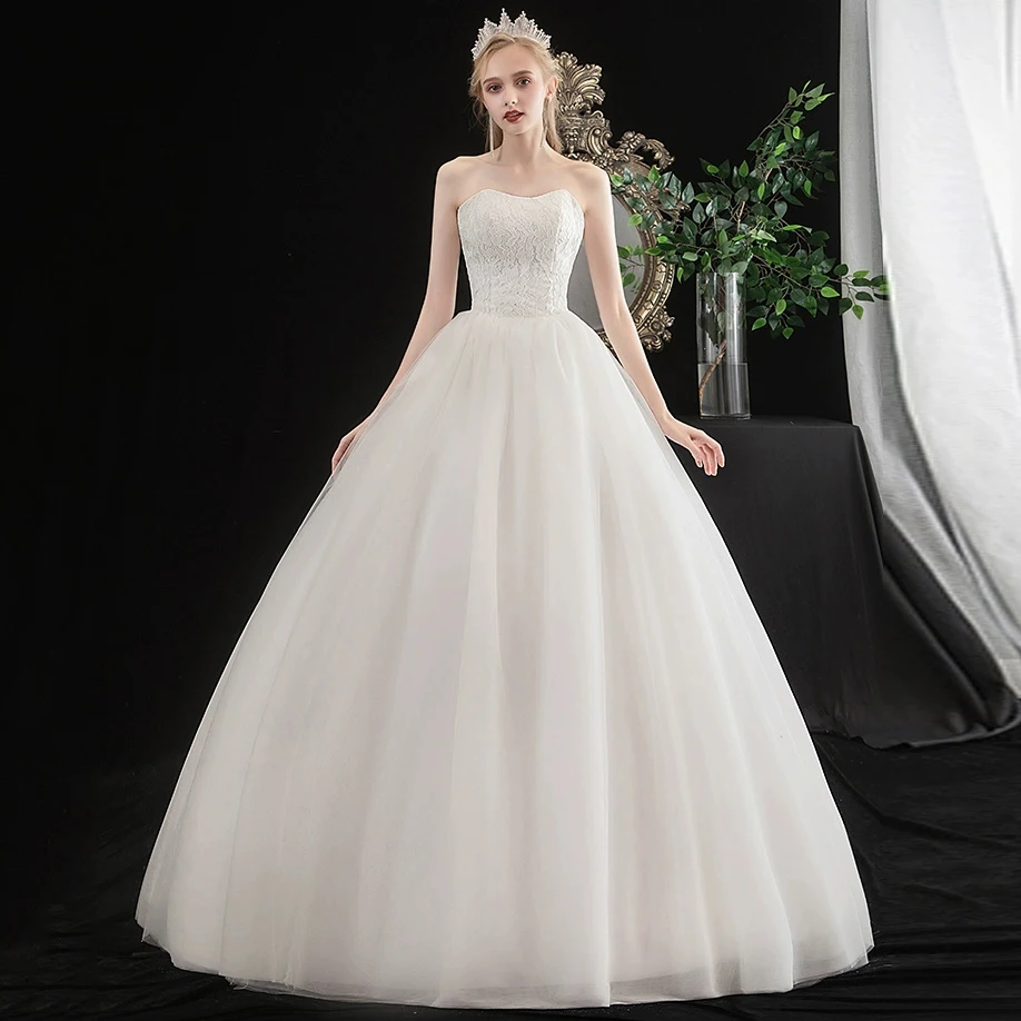 AnXin SH princess white flower lace strapless sleeveless ball gown lace up party bride simple customized wedding dress