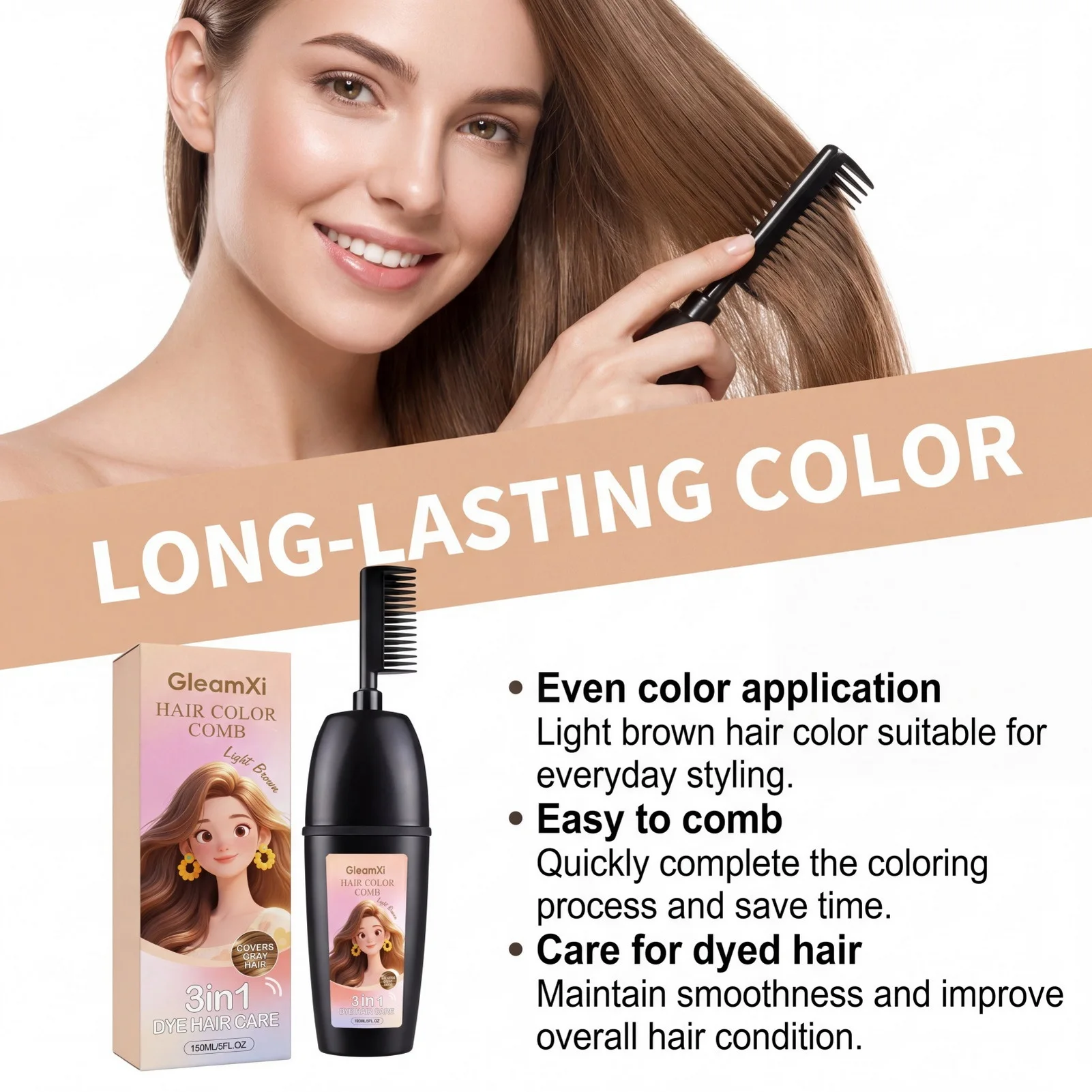 Natural Hair Coloring Comb Root Kit for Gray Coverage Light Brown Plant-Based Smudge-Proof Portable Hair Dye Brush