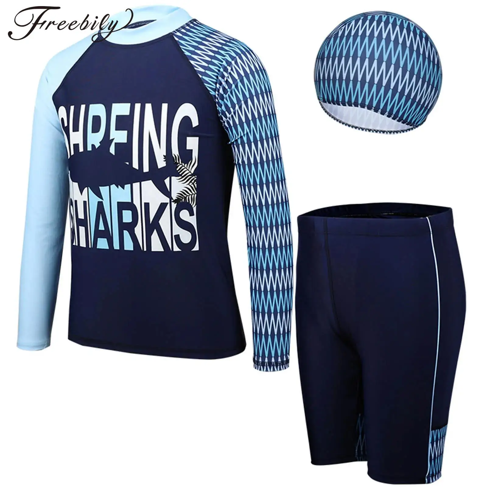 

Kids Boys 3Pcs UPF 50+ Rash Guard Swimsuit Long Sleeve Swim Top Shorts with Cap Swimwear Surfing Diving Bathing Suit Beachwear