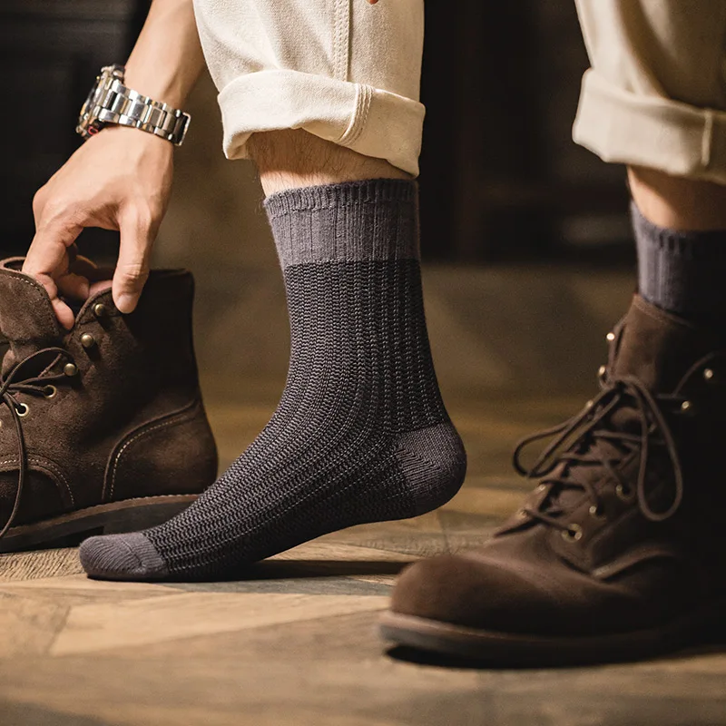Maden メンズ 1/3/6/9 個レトロコントラストニットミッドカーフソックス通気性太い糸スプライス二本針ロングソックス秋用