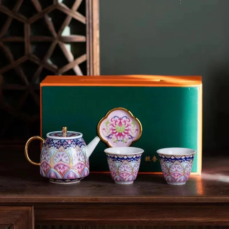 Colorful Tea Ceremony Gift Ceramic Kung Fu Tea Set Teapot Teacup Gold-painted One Pot Two Cups Light Luxury Office Set Souvenir