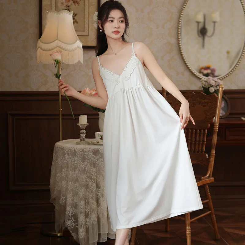 French Sweet Lace Long Pajamas Dress Chest Pad Cotton Nightgowns Women Outside Wear Home Service Ladies Sleepwear Night Shirt