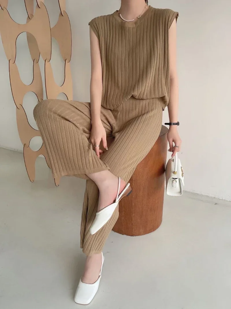 New Summer Women\'s Tracksuit Korean Fashion Knitted Casual Loose Pullover Vest + Wide Leg Pants Trouser Suits Set Woman 2 Pieces