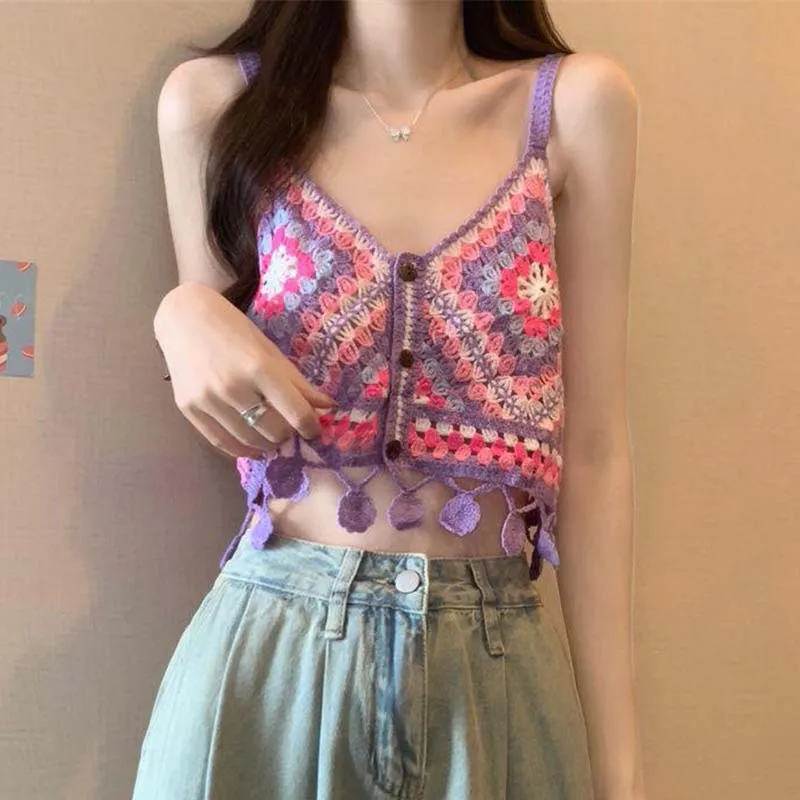 Boring Honey French Style Knit Camisole Women's Embroidery Hollow Out Tank Top Cute Crop Top for Summer Chic Vacation Top Women