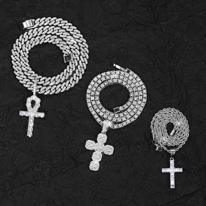 B&C Stacked Multi Chain Ankh Pendant Combo Mens Sparkling Full Zircon Hop Accessory