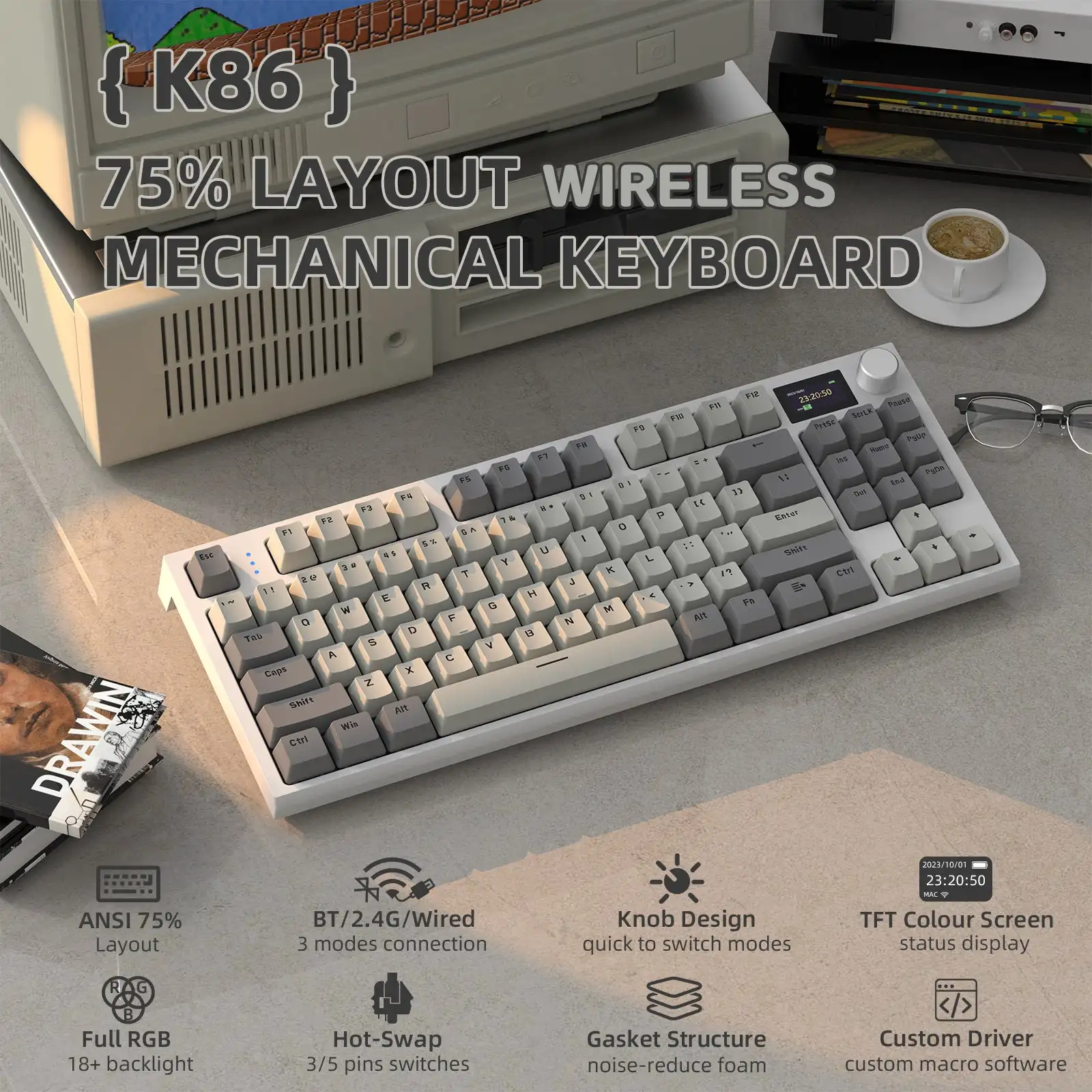 ATTACK SHARK K86 Smart Screen Mechanical Keyboard-75% Tri-Mode Hot-Swap, RGB Wireless Gaming, Rechargeable Battery & Gasket