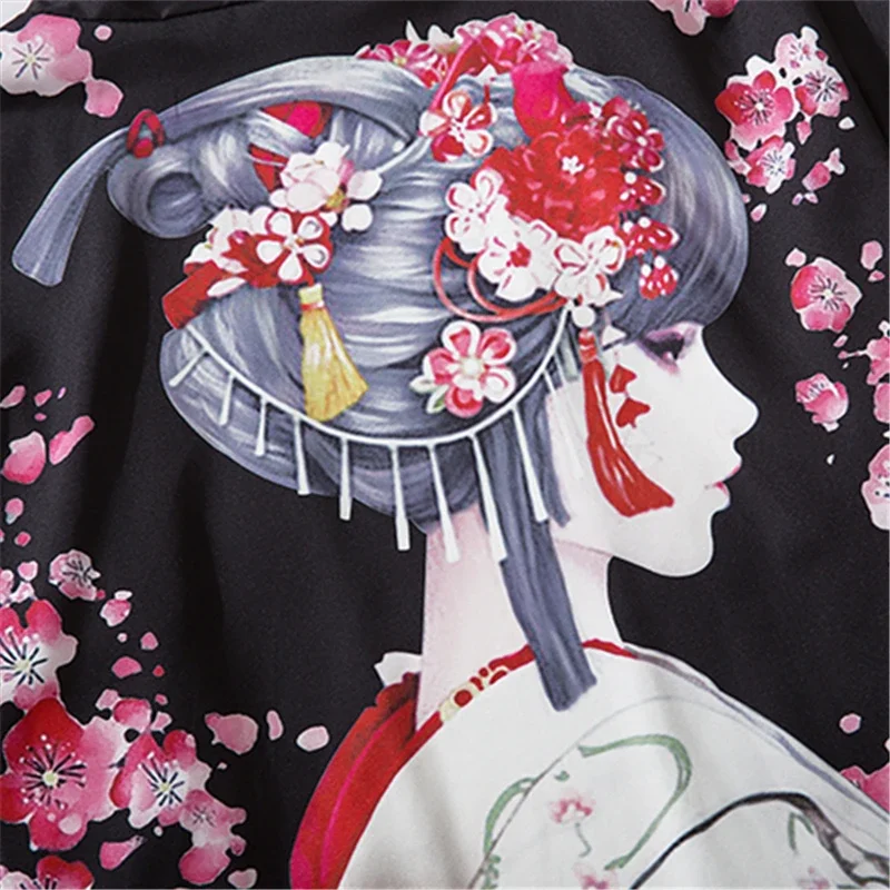 bebovizi Black Fashion Streetwear Beauty Print Kimono Cardigan Robe China Haori Obi Traditional Japanese Clothes for Women Men