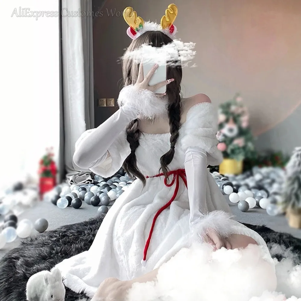 ふんわりトナカイ風オフショルダードレス＋小物セット - ファートリムとウエストリボンがアクセント