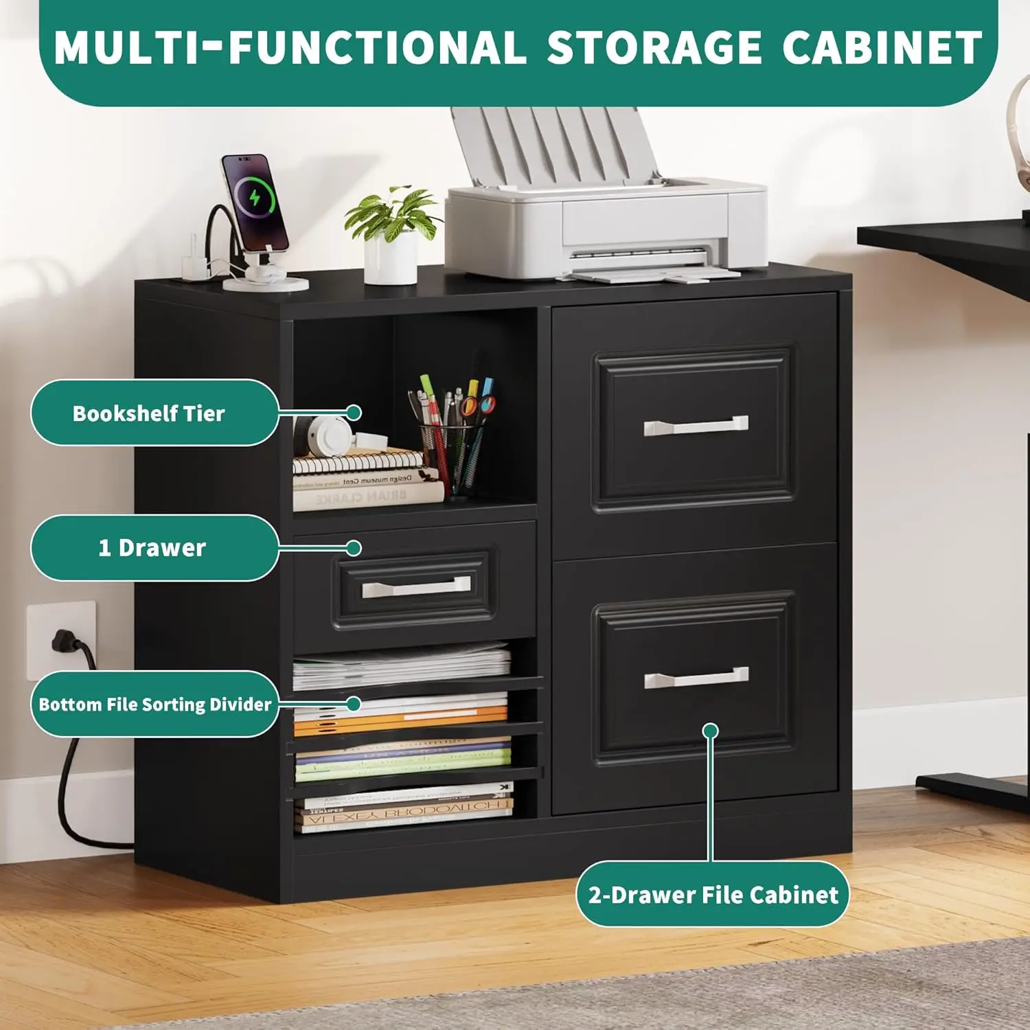 3 Drawer File Cabinet, Filing Cabinet with Charging Station, Printer Stand with Open Storage Shelves, Fits for A4, Letter