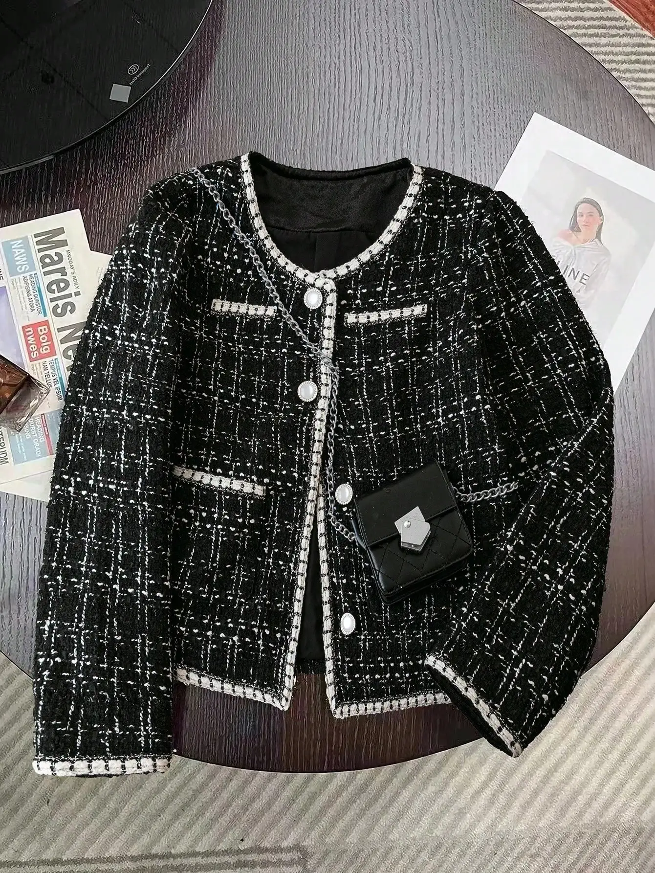 

Women's French Tweed Jacket with Pearl Buttons and Chain Trim, Fall Winter Chic Outerwear