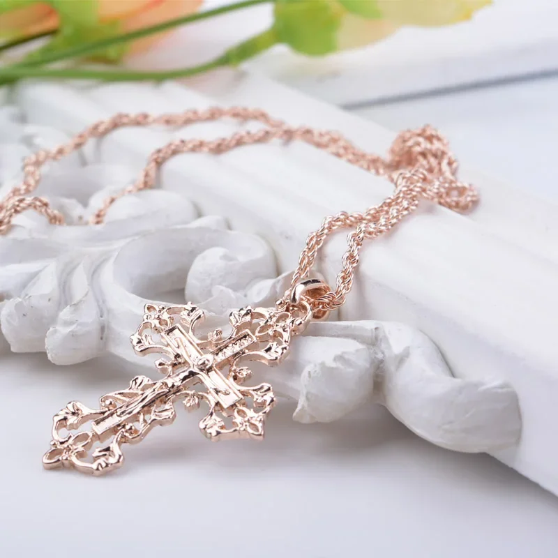 Shamty Cross Necklace Vintage Rose gold Color Fashion Jewelry Necklace Pendants Jesus Cross Orthodox Chain Jesus Christianity