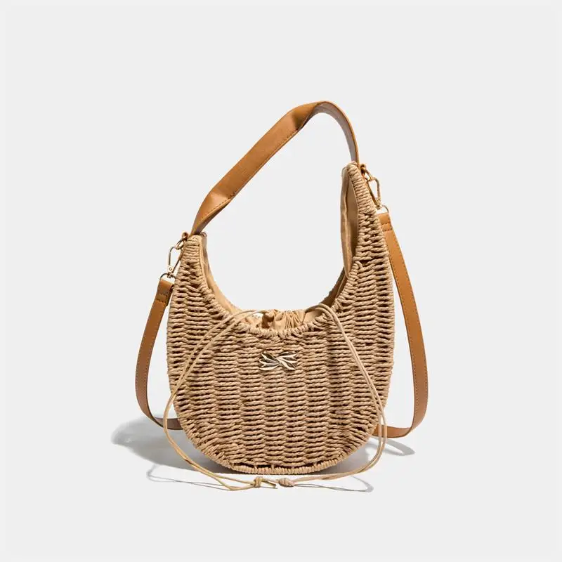 

Bohemian Woven Straw Shoulder Bag Women Iron Frame Beach Tote Metal Leaf Decoration Drawstring Summer Holiday Crossbody Purse