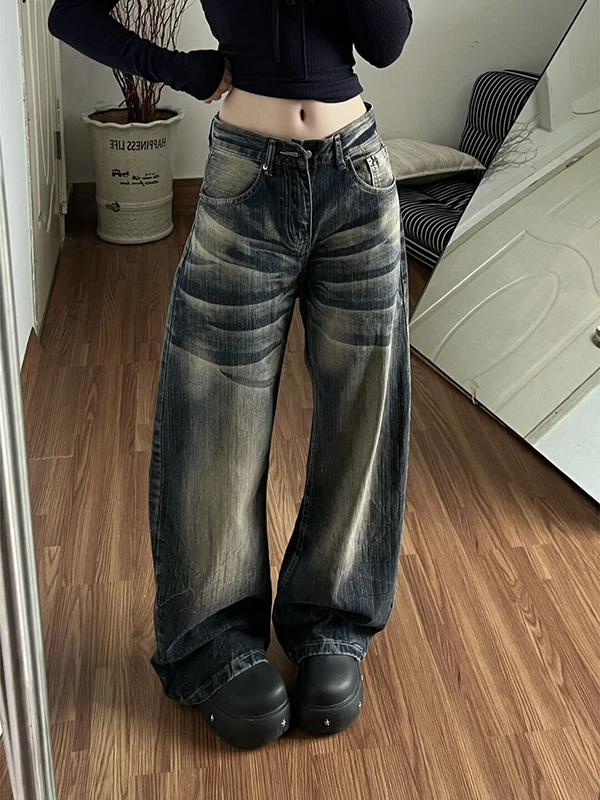

Американские винтажные джинсы с эффектом потертости, с высокой талией, свободного прямого кроя, для женщин, осенне-зимняя повседневная одежда