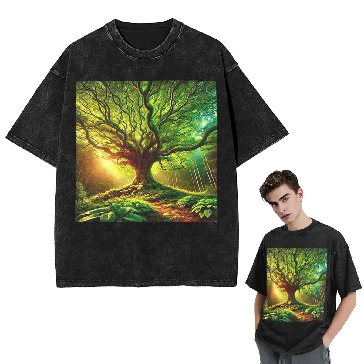 

Streetwear T-Shirts Magic Green Tree Washed T Shirt Short Sleeve Hip Hop T-Shirt Tops Tees for Men Women