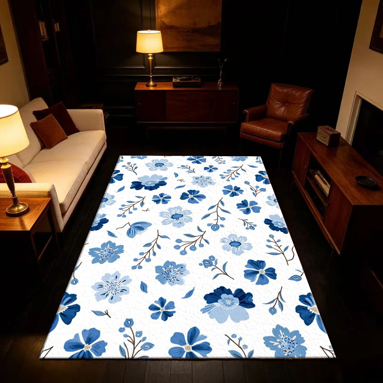 Hand Drawn Blue Floral Pattern White Background Seamless Carpet Floor Non-Slip Floor Mat