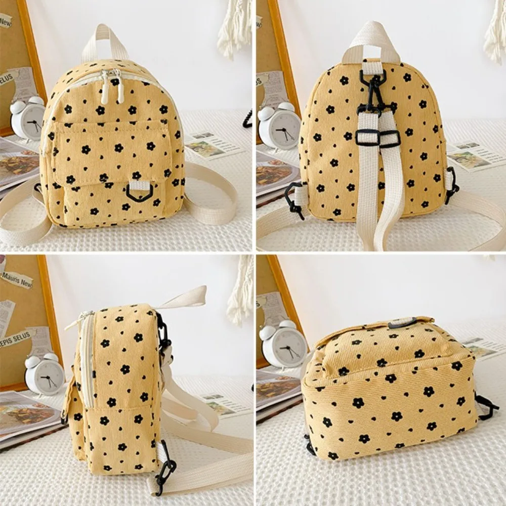 Cute Flower Print Small Backpacks Corduroy Multiple Pocket Women Shoulder Bag Mini Lightweight Mini Backpack Women