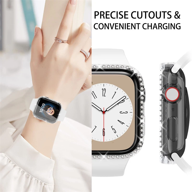 غطاء من الزجاج المقسى والماس لساعة أبل ، شاشة بلينغ ، ممتص الصدمات لسلسلة iWatch 9 ، 5 ، 6 ، 7 ، 8 ، SE ، 4 ، 40 ، 44 ، 41 ، 45 أو