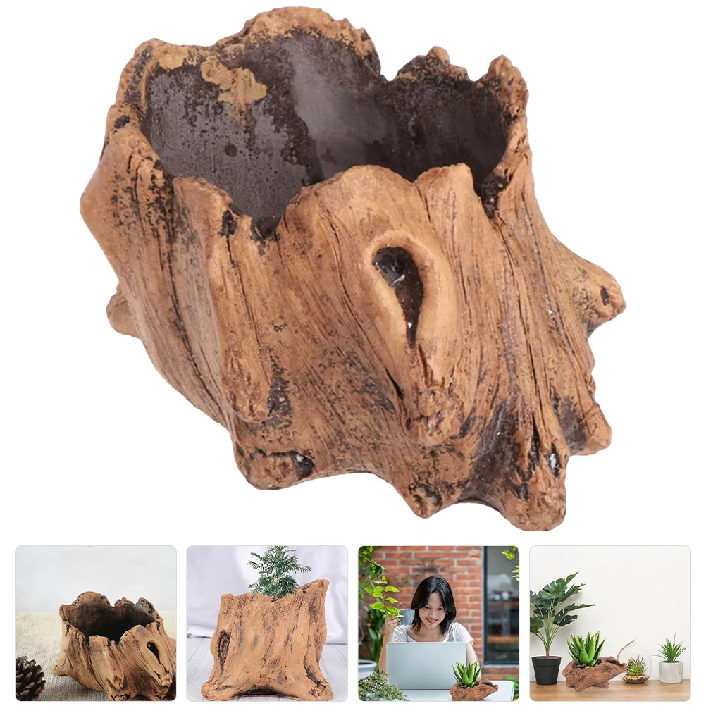 

Concrete Stump Pot Faux Wood Planter Retro Imitation Wooden Flower Light Brown Root Fake