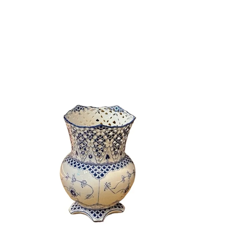 For Blue and White Porcelain Flower Vase Ornament, Hollow Living Room Ceramic Vase