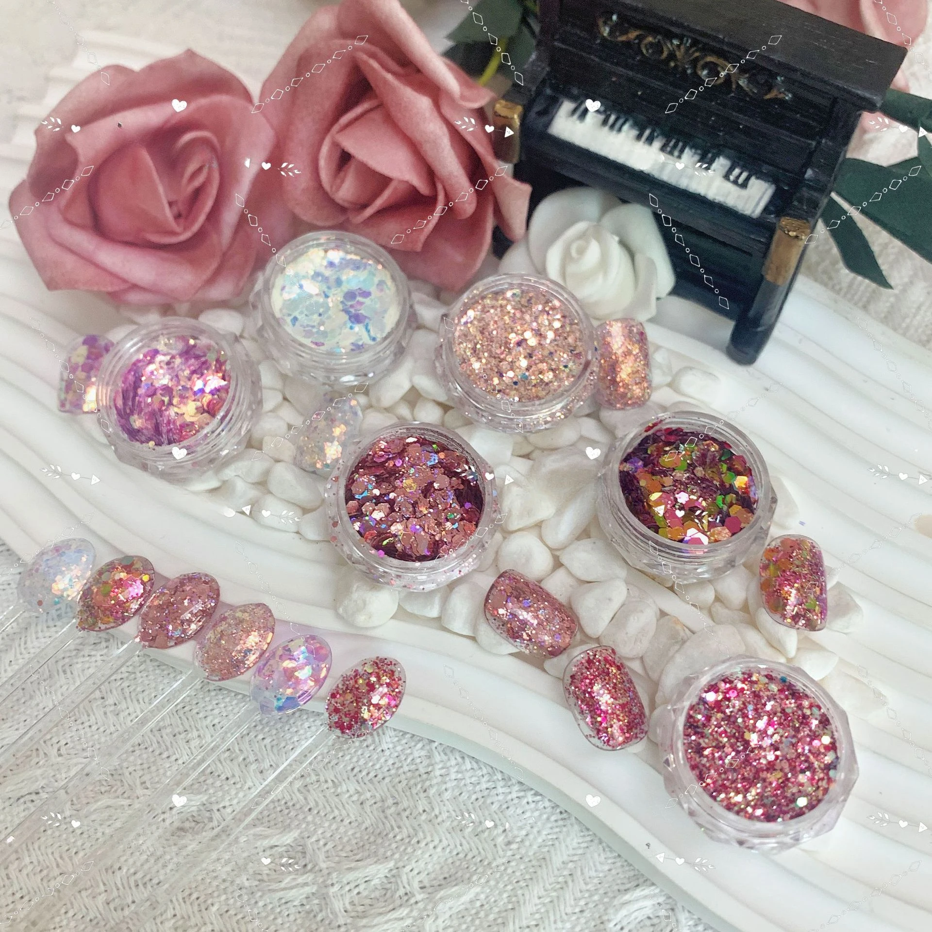 

6PC/SET Cute Pink Laser Popular Summer Spring Nail Sequins Polarization Mix Sized Nail Art Accessories Pretty Shiny Luxury Decor