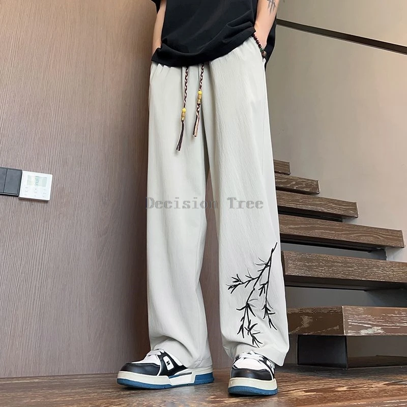 

2025 new chinese style bamboo embroidery pants casual fashionable straight trousers retro handsome men's popular wushu britches