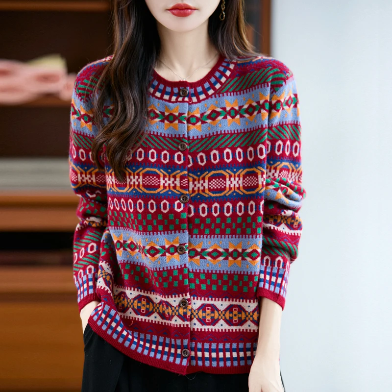 

Retro Cardigan Round Neck Red Long Seeved Knitted Sweater Autumn Winter New Ethnic Style Contrasting Color Striped Women Coat