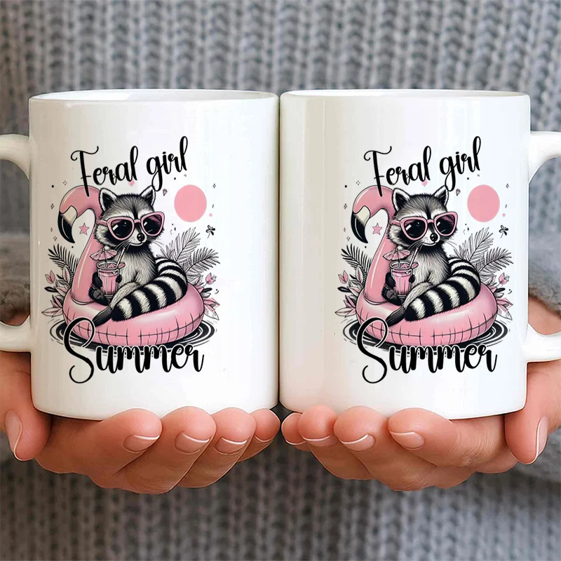 Cute Raccoon Flamingo Float Summer Print Ceramic Coffee Mug 11oz 350ml Personalized Custom Colorful Print Mug Microwave Safe Cut