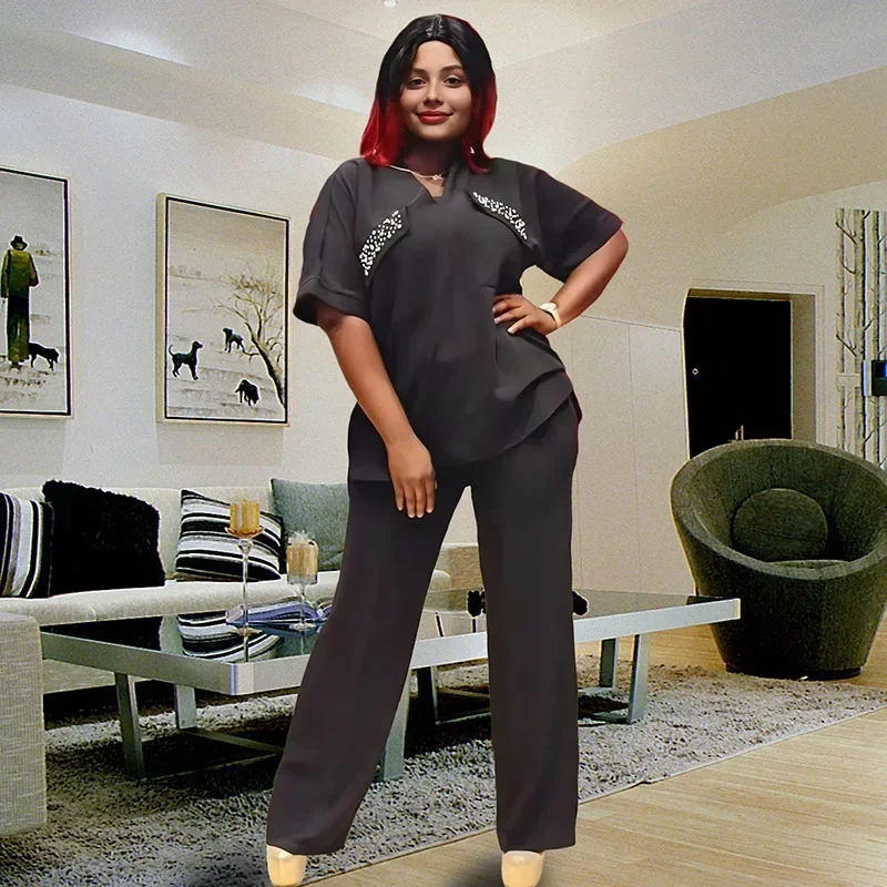 

African Clothes for Women Spring Summer African Half Sleeve 2 pieces Top Wide Leg Pant Matching Sets African Suit Islam Clothing